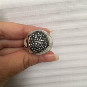 Gray Austrian Crystal SS ring w/white enamel